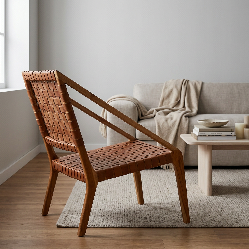 Kendari Tan Woven Leather and Teak Wood Chair