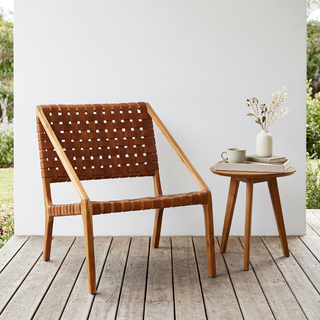 Kendari Tan Woven Leather and Teak Wood Chair