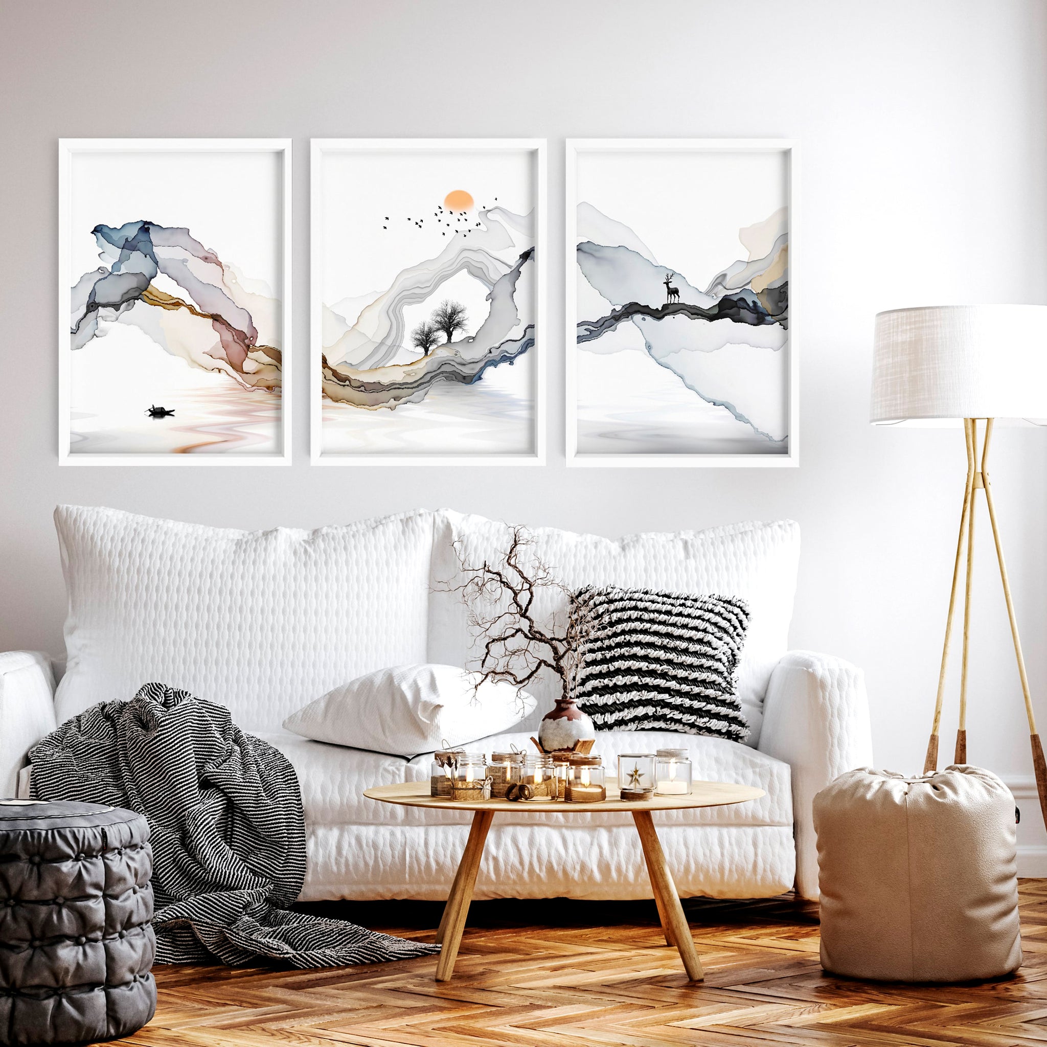 Unique wall art is showcased in a tranquil living room
