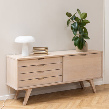A - Line Sideboard with 4 Drawers and Sliding Door in White Oak