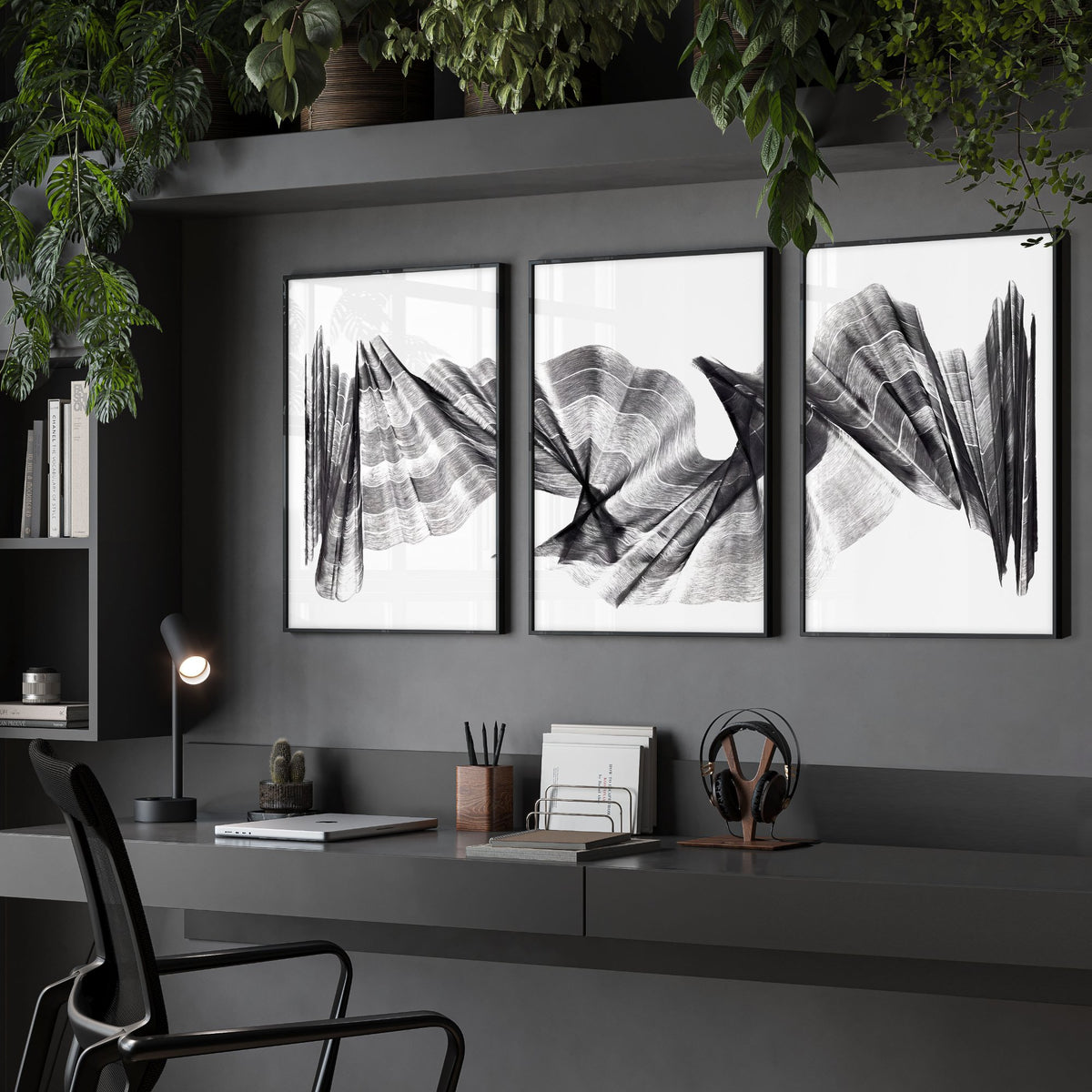Abstract Art wall art Charcoal Flowing Waves Minimalist Line Art displayed on a wall in a styled room
