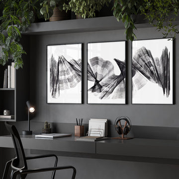 Abstract Art wall art Charcoal Flowing Waves Minimalist Line Art displayed on a wall in a styled room