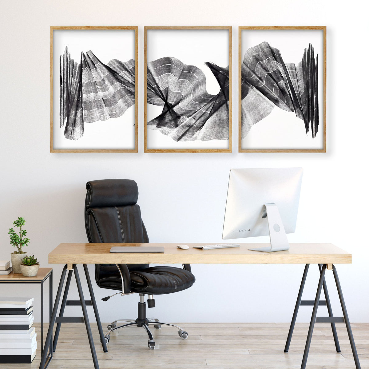 Abstract Art wall art Charcoal Flowing Waves Minimalist Line Art displayed on a wall in a styled room — view 2