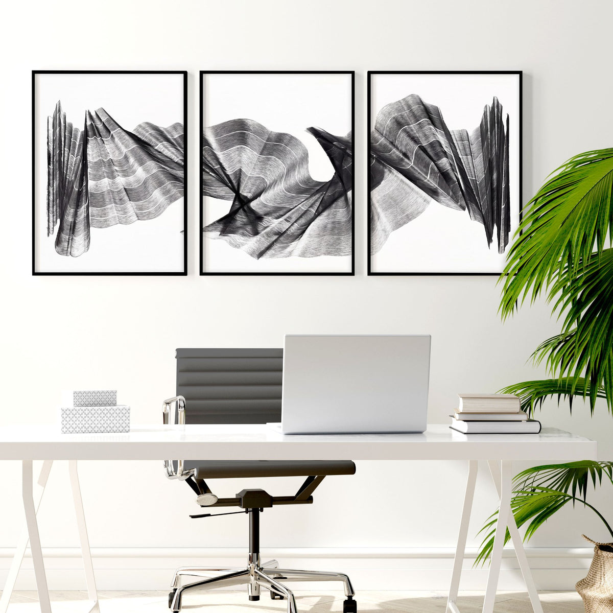 Abstract Art wall art Charcoal Flowing Waves Minimalist Line Art displayed on a wall in a styled room — view 3