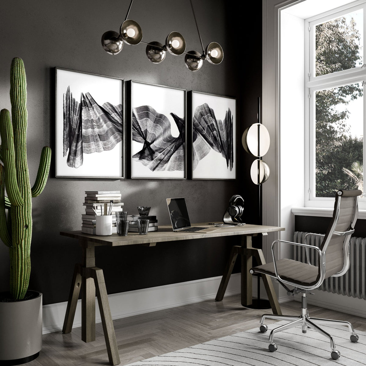 Abstract Art wall art Charcoal Flowing Waves Minimalist Line Art displayed on a wall in a styled room — view 6