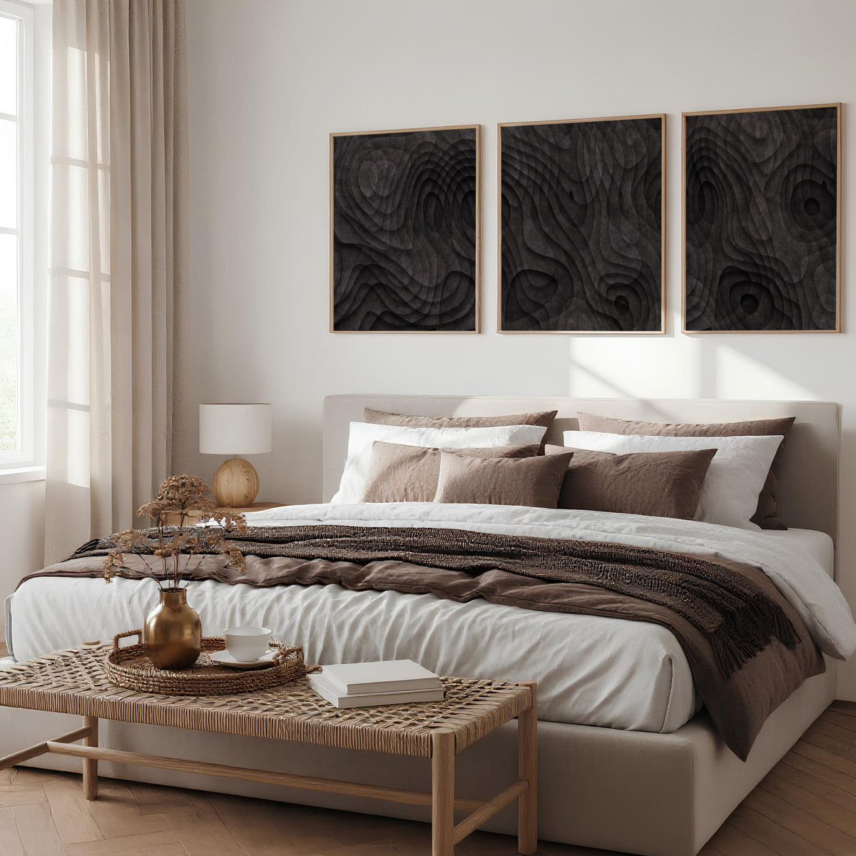 Abstract Artwork Dark Topographic Wave Wall Art Prints | Set of 3