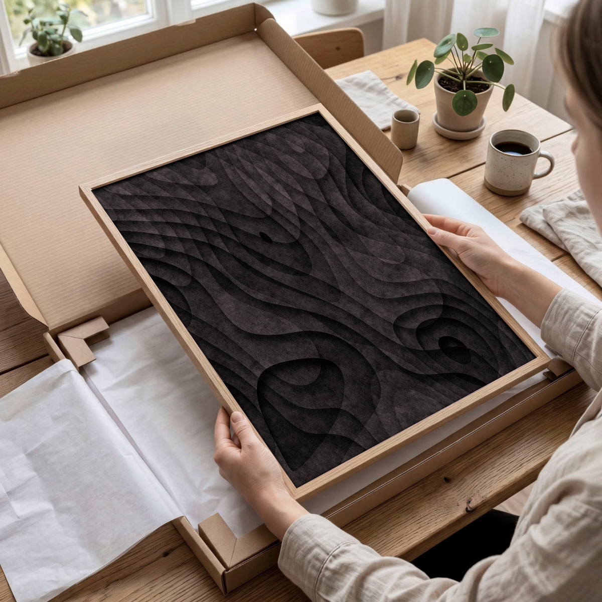 Abstract Artwork Dark Topographic Wave wall art displayed on a wall in a styled room — view 10