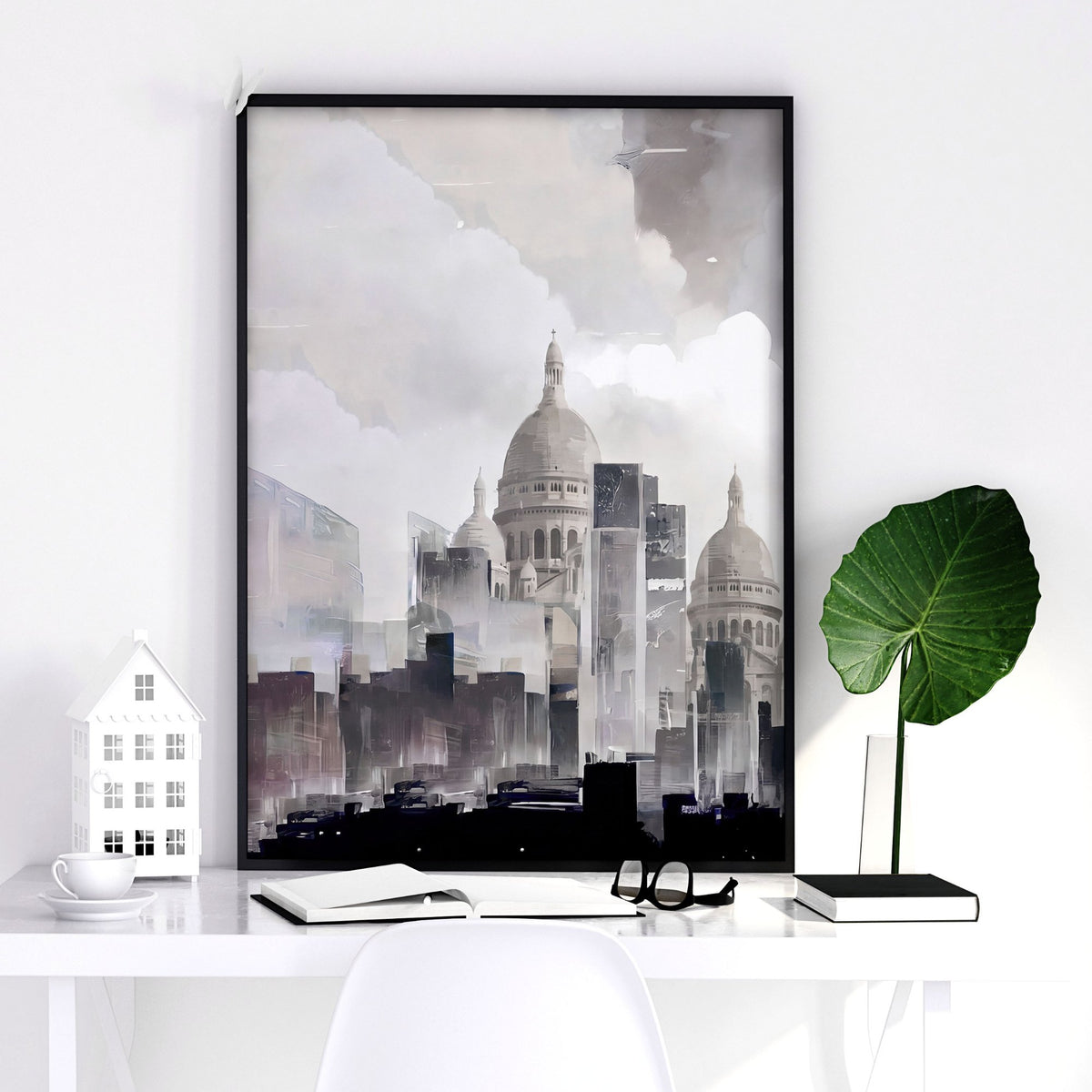 Abstract Artwork Painting Paris City Skyline Grey Beige Urban wall art — piece 1 of 3 in the set