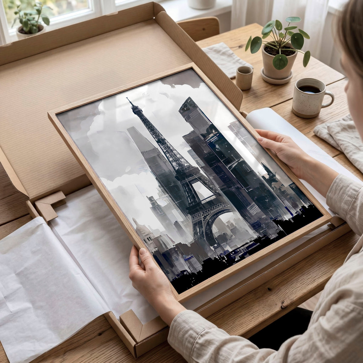 Abstract Artwork Painting Paris City Skyline Grey Beige Urban wall art displayed on a wall in a styled room — view 10