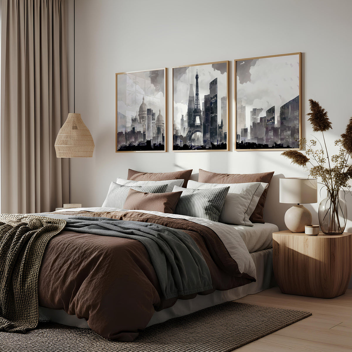 Abstract Artwork Painting Paris City Skyline Grey Beige Urban wall art displayed on a wall in a styled room