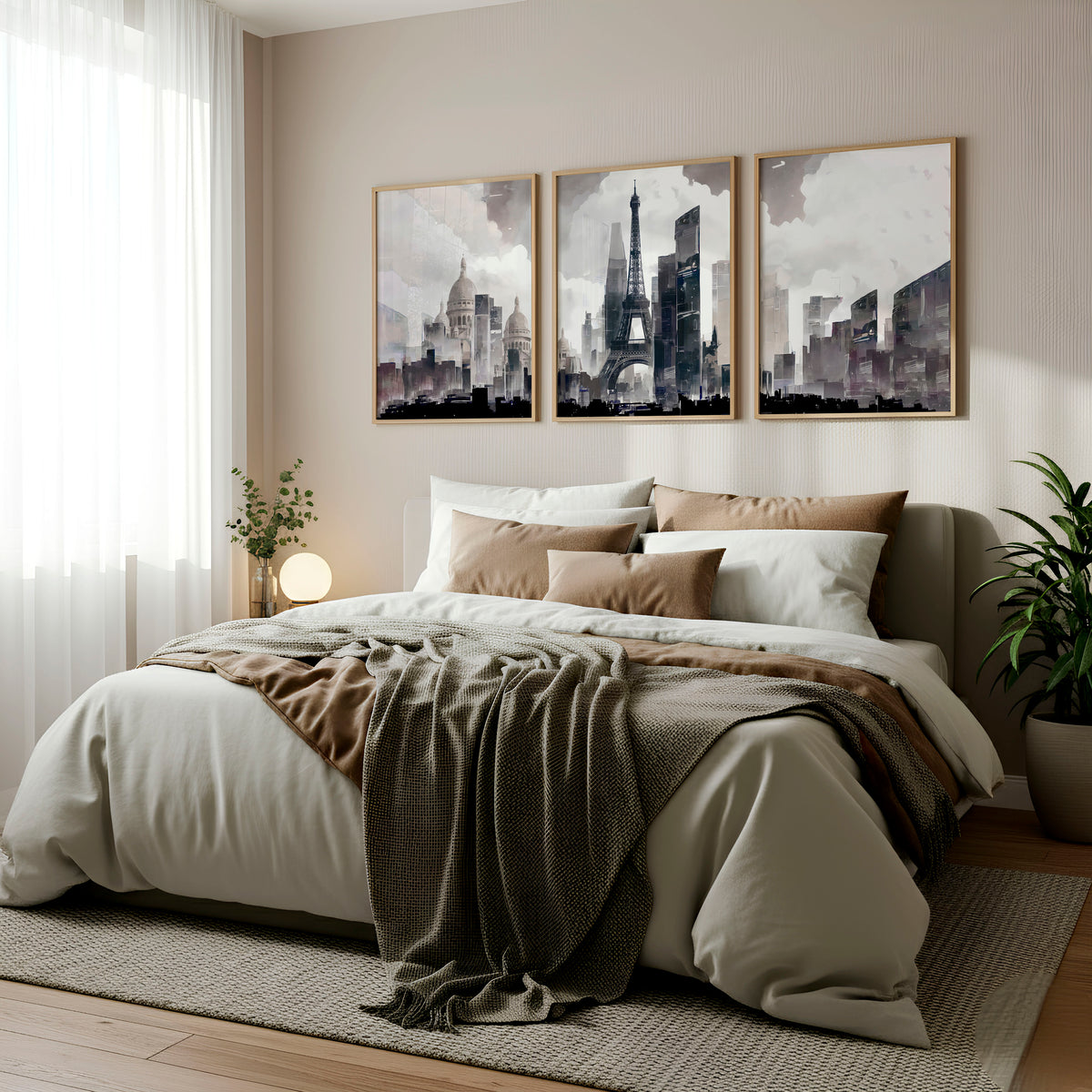 Abstract Artwork Painting Paris City Skyline Grey Beige Urban wall art displayed on a wall in a styled room — view 2