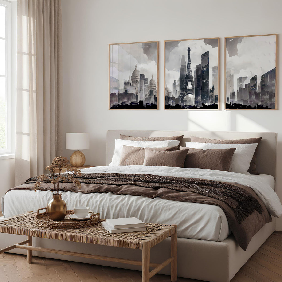 Abstract Artwork Painting Paris City Skyline Grey Beige Urban wall art displayed on a wall in a styled room — view 3