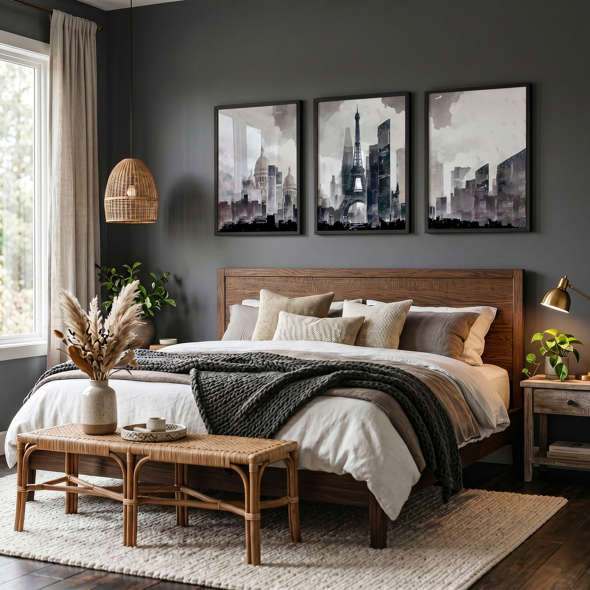 Abstract Artwork Painting Paris City Skyline Grey Beige Urban wall art displayed on a wall in a styled room — view 4