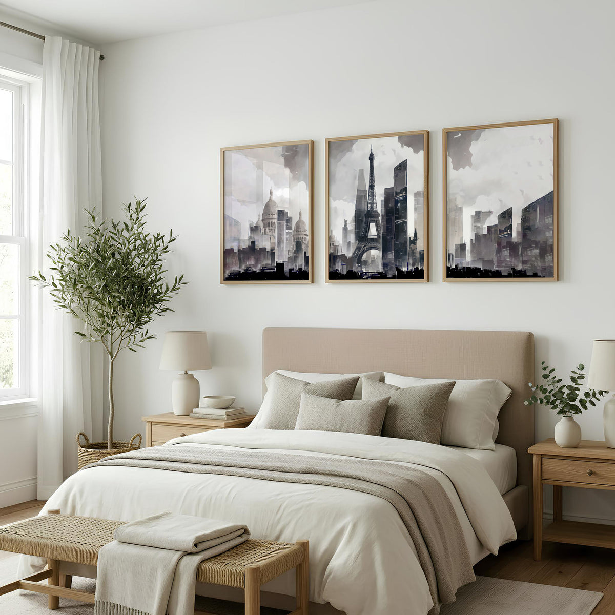 Abstract Artwork Painting Paris City Skyline Grey Beige Urban wall art displayed on a wall in a styled room — view 5