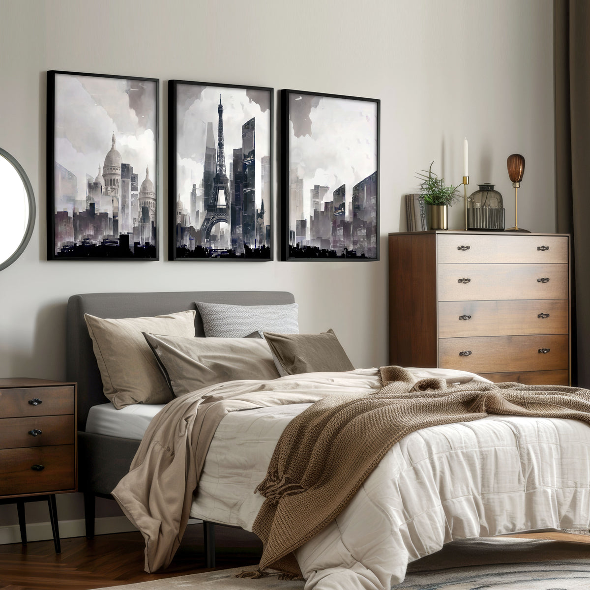 Abstract Artwork Painting Paris City Skyline Grey Beige Urban wall art displayed on a wall in a styled room — view 8