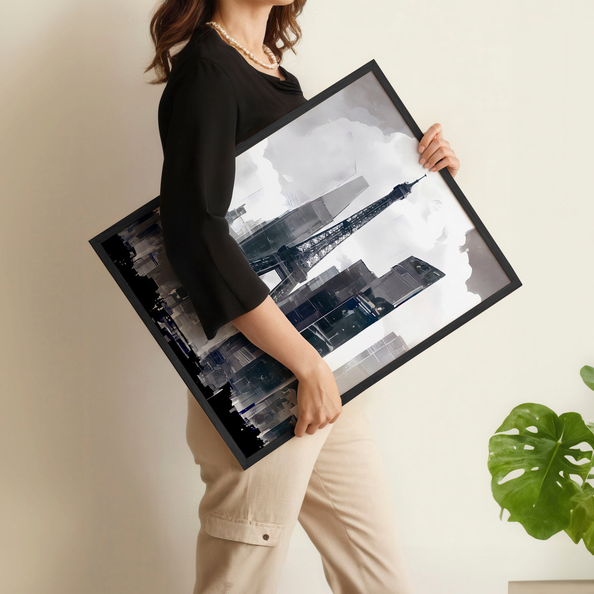 Abstract Artwork Painting Paris City Skyline Grey Beige Urban wall art displayed on a wall in a styled room — view 9