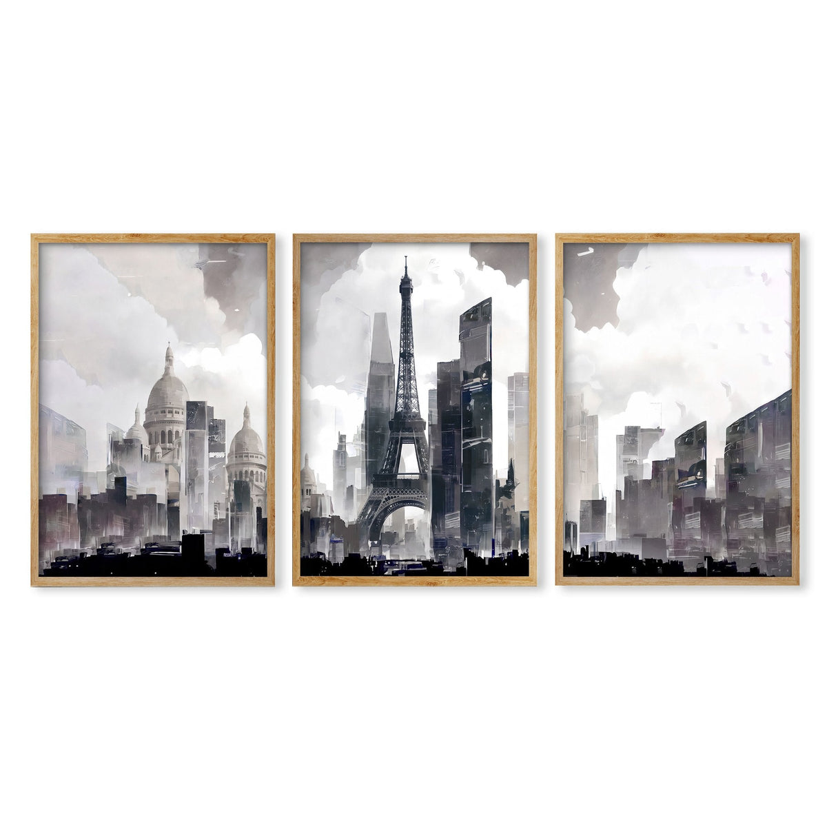 Abstract Artwork Painting Paris City Skyline Grey Beige Urban Wall Art Prints | Set of 3