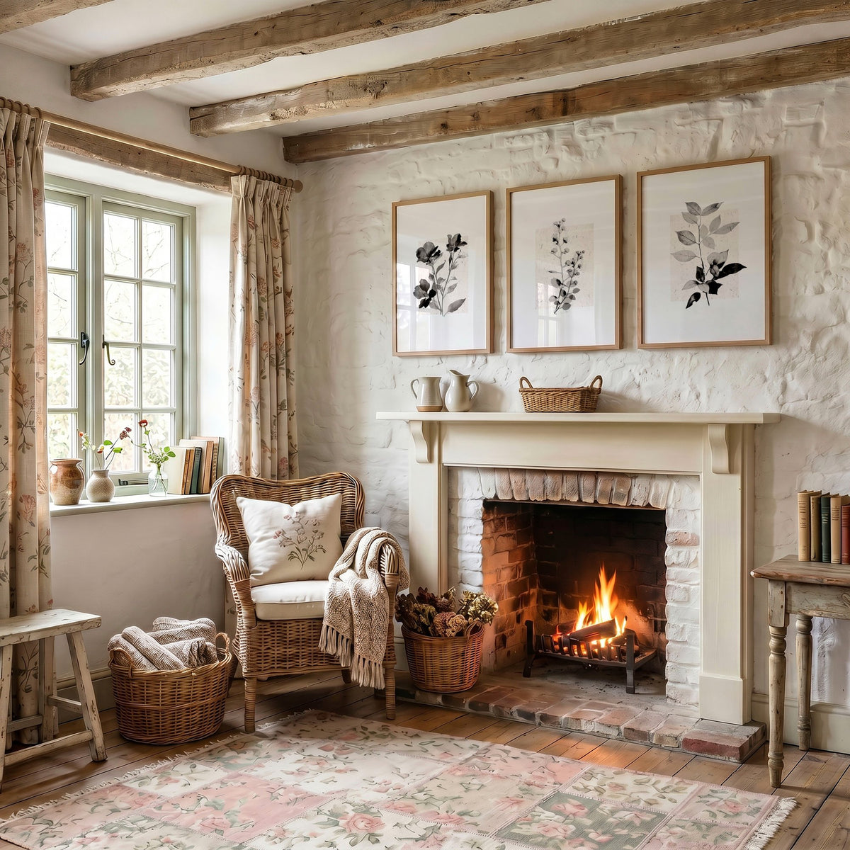 Abstract Floral Botanical wall art | Ivory & Grey Botanical Studies displayed on a wall in a styled room