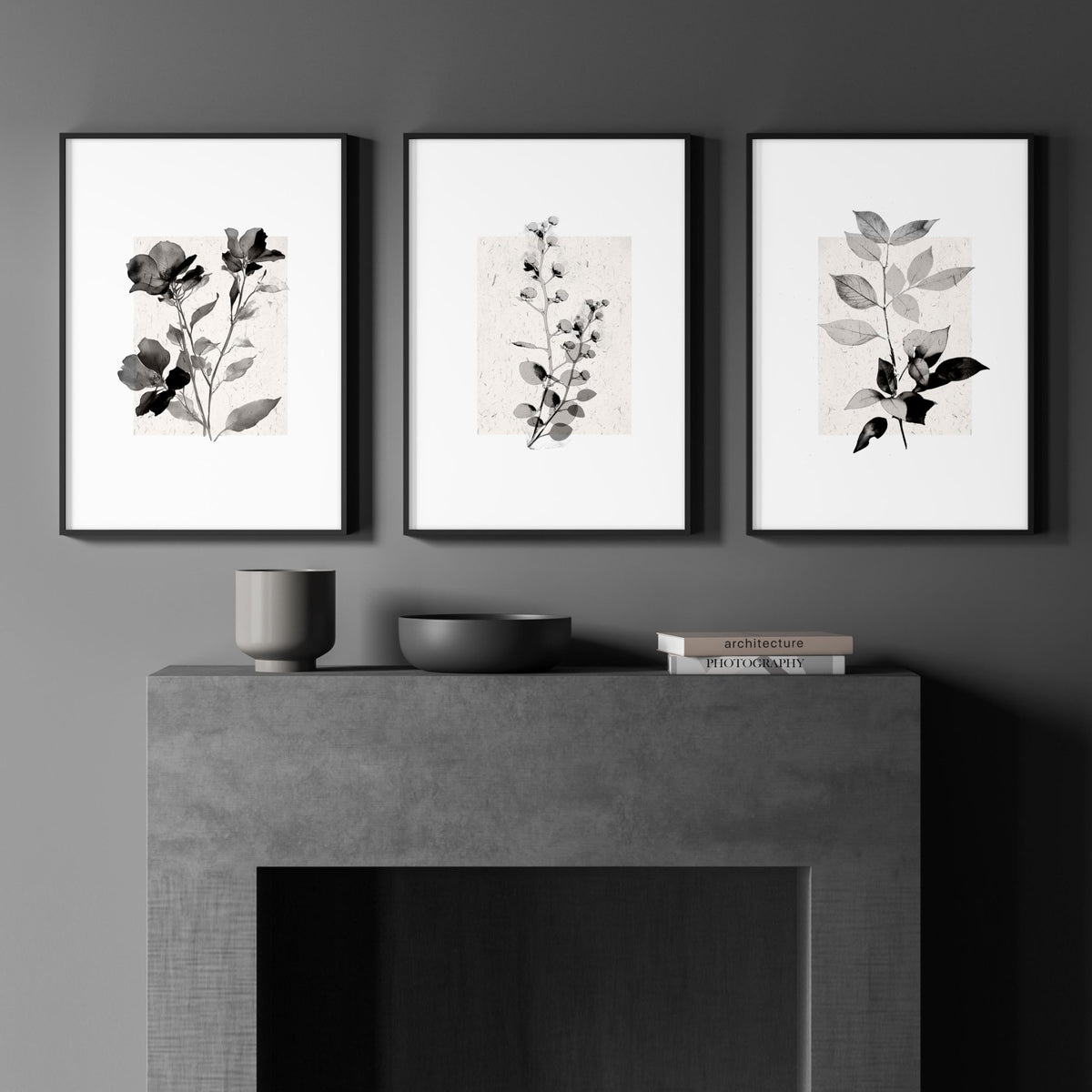 Abstract Floral Botanical wall art | Ivory & Grey Botanical Studies displayed on a wall in a styled room — view 3