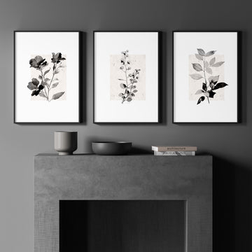 Abstract Floral Botanical wall art | Ivory & Grey Botanical Studies displayed on a wall in a styled room — view 3