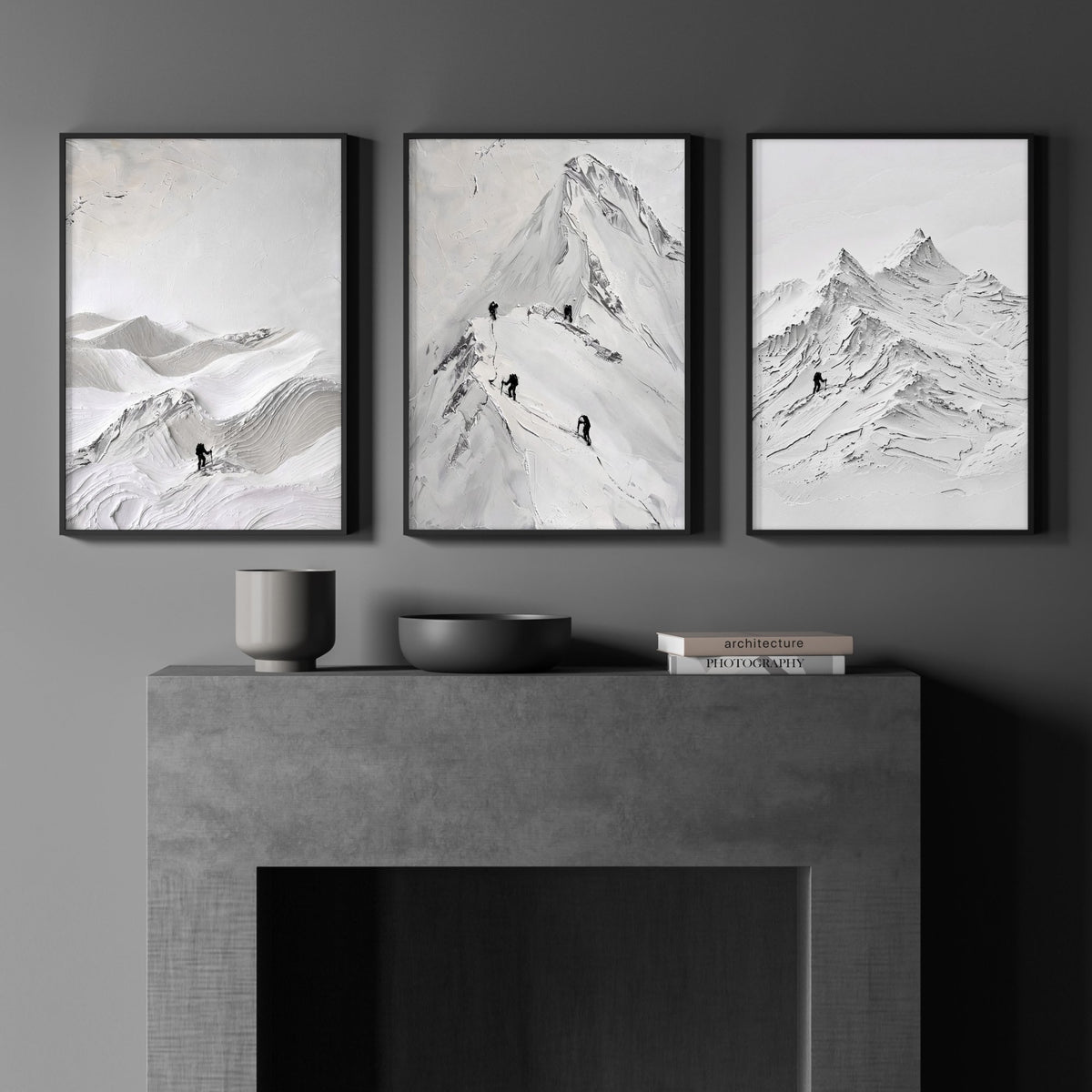 Abstract Landscape Art Snow Mountain Climbers wall art displayed on a wall in a styled room