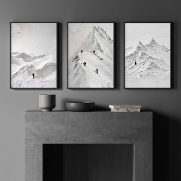 Abstract Landscape Art Snow Mountain Climbers wall art displayed on a wall in a styled room