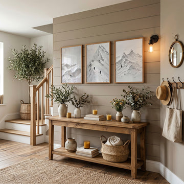 Abstract Mountain Art White Snow Climbers Scandinavian Landscape wall art displayed on a wall in a styled room — view 2