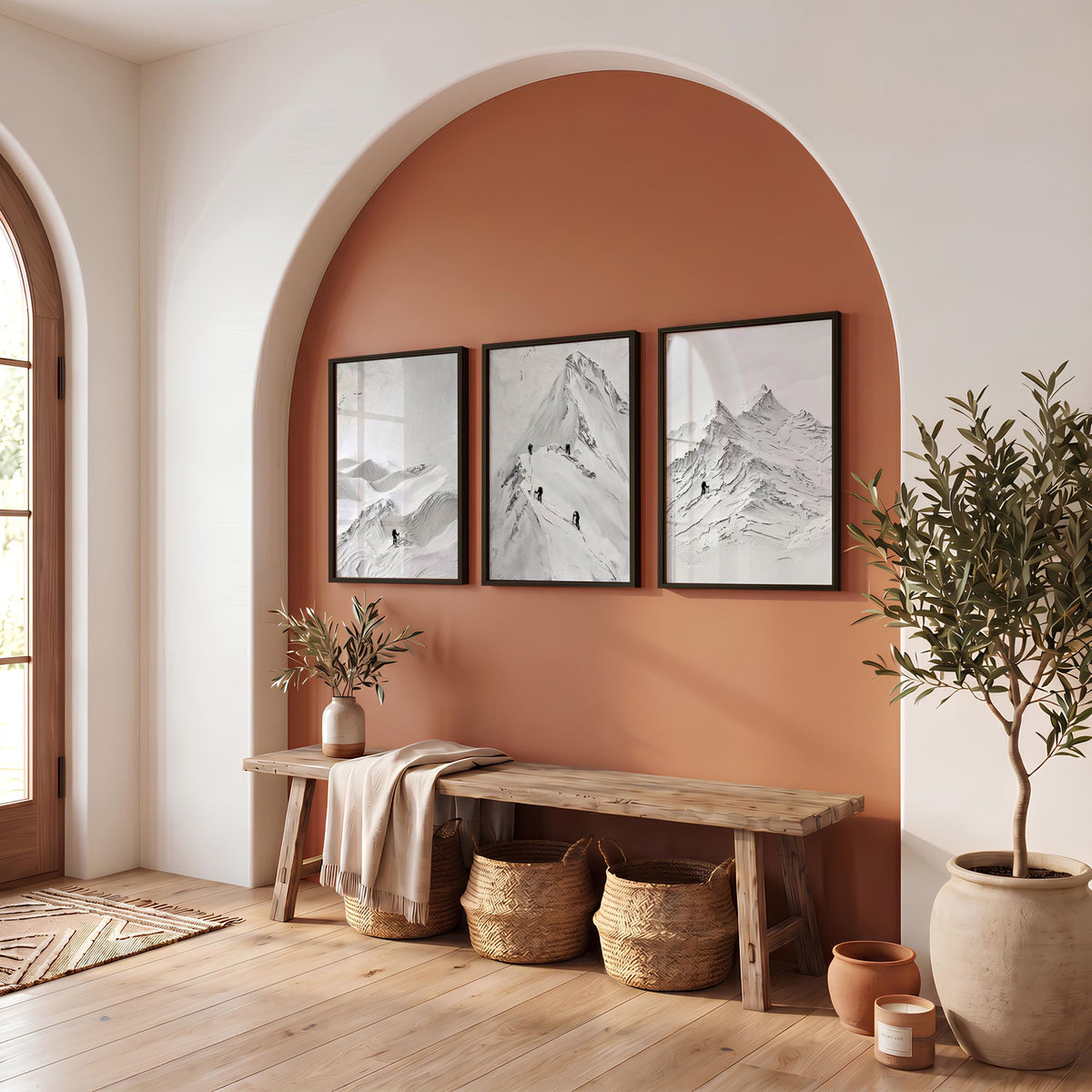Abstract Mountain Art White Snow Climbers Scandinavian Landscape wall art displayed on a wall in a styled room — view 3