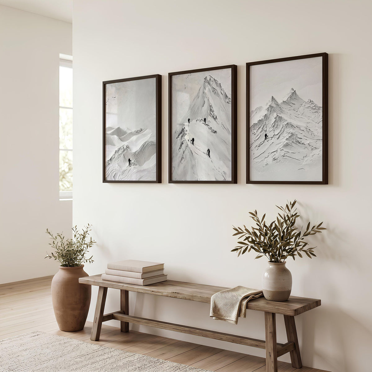 Abstract Mountain Art White Snow Climbers Scandinavian Landscape wall art displayed on a wall in a styled room — view 5