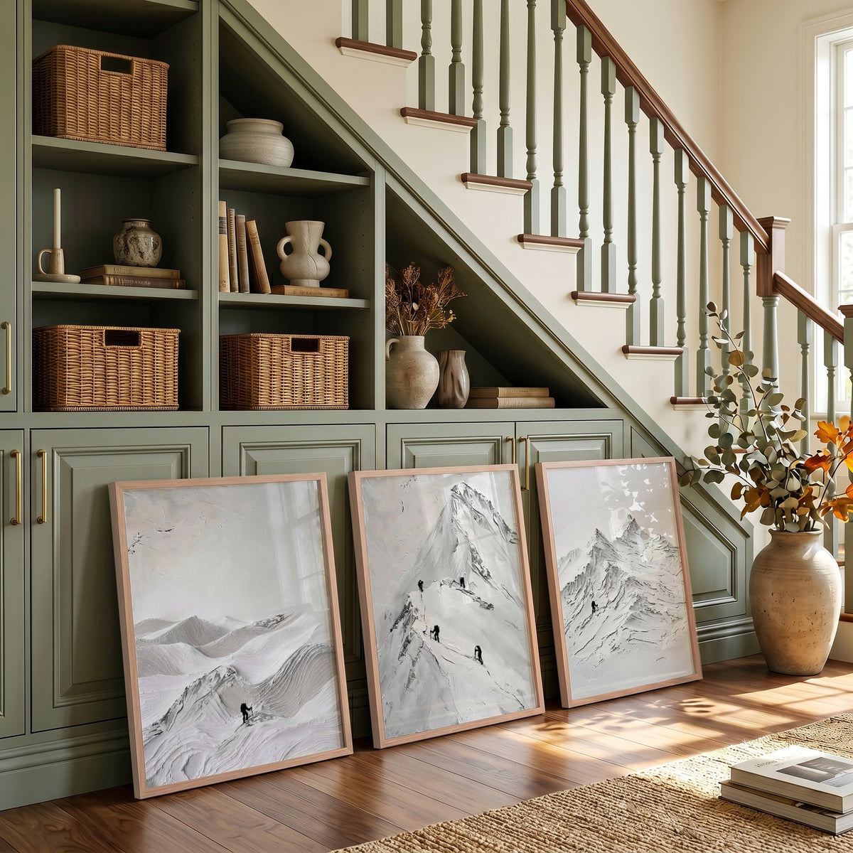 Abstract Mountain Art White Snow Climbers Scandinavian Landscape wall art displayed on a wall in a styled room — view 6