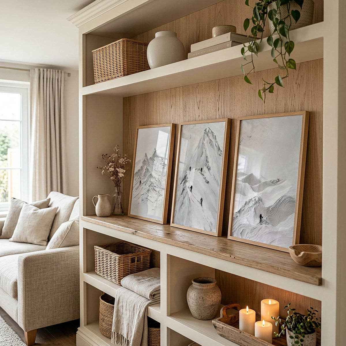 Abstract Mountain Art White Snow Climbers Scandinavian Landscape wall art displayed on a wall in a styled room — view 7