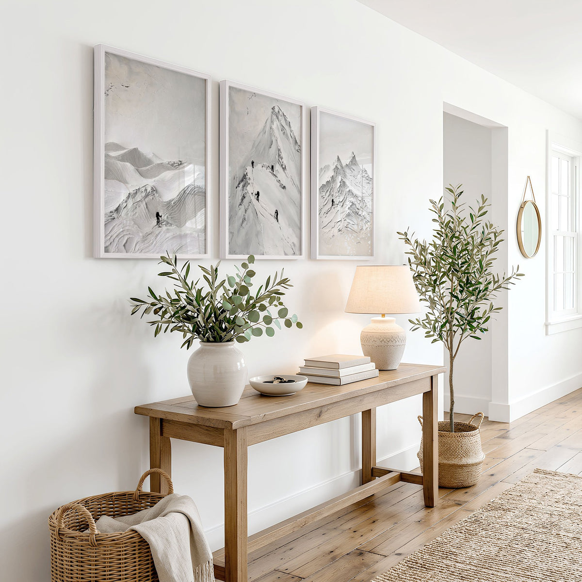 Abstract Mountain Art White Snow Climbers Scandinavian Landscape wall art displayed on a wall in a styled room — view 8