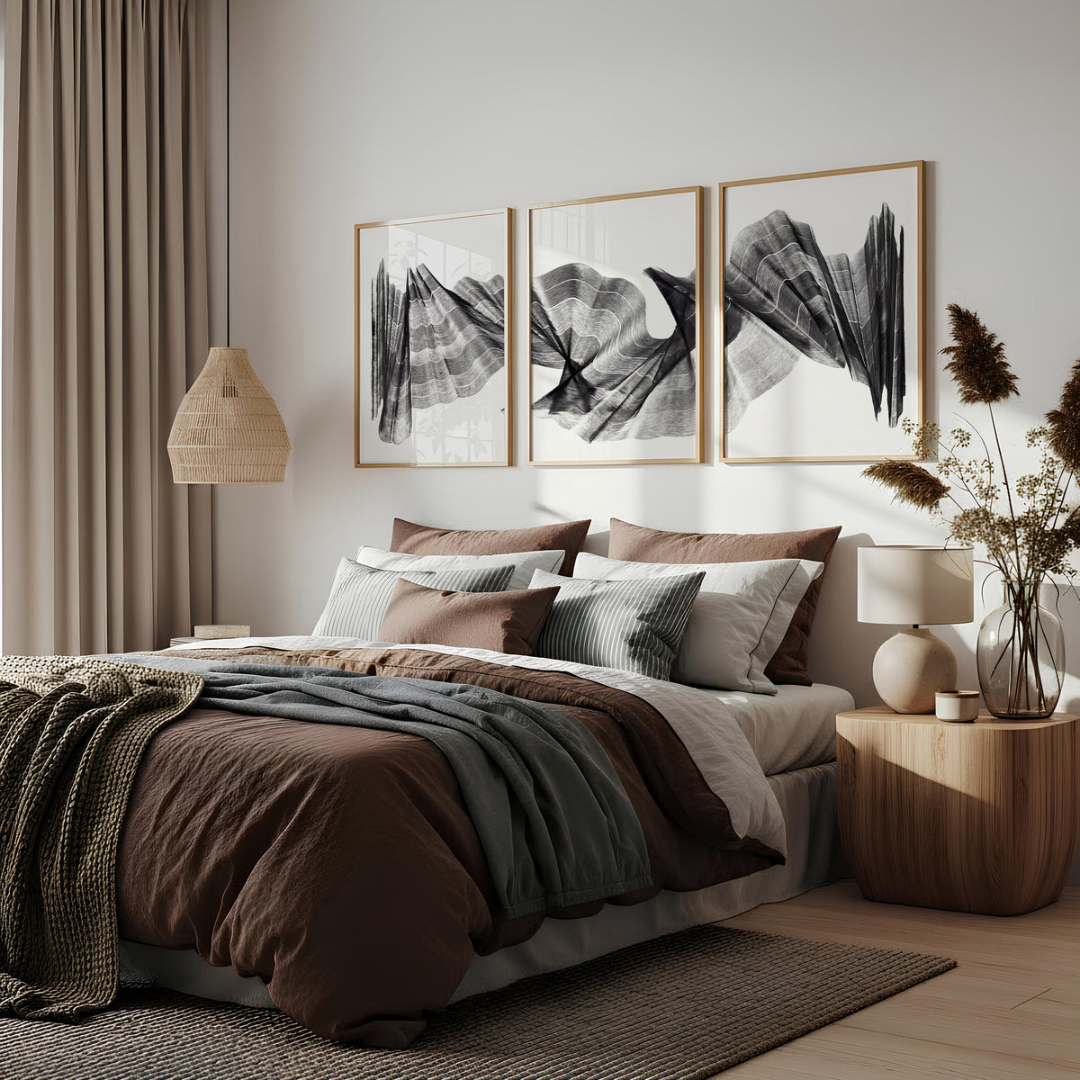 Abstract Painting Art Print Charcoal Flowing Textured Wave | Set of 3