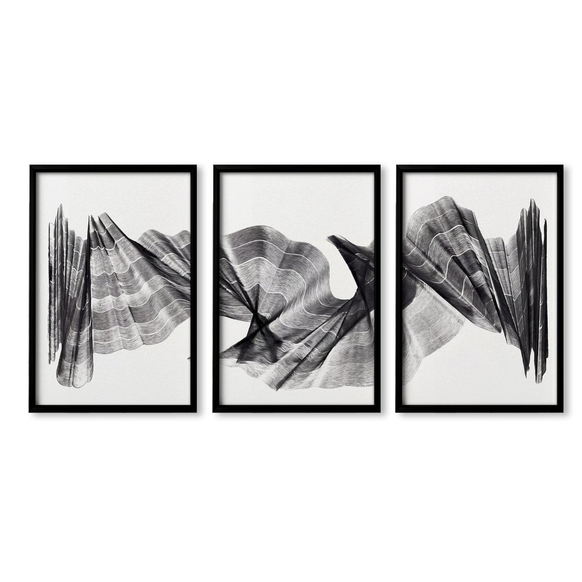 Abstract Painting Art Print Charcoal Flowing Textured Wave | Set of 3
