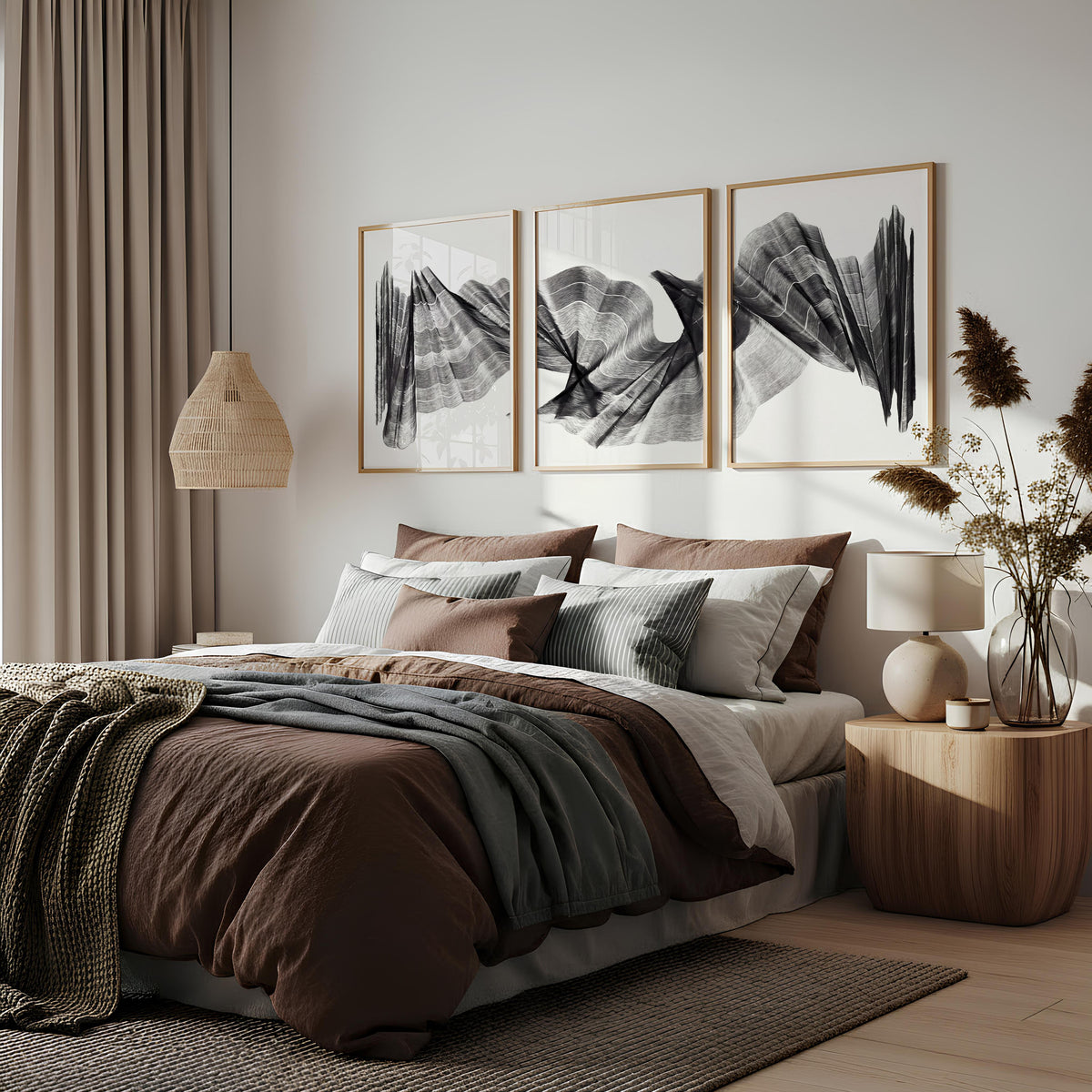 Abstract Painting Art wall art Charcoal Flowing Textured Wave displayed on a wall in a styled room — view 2