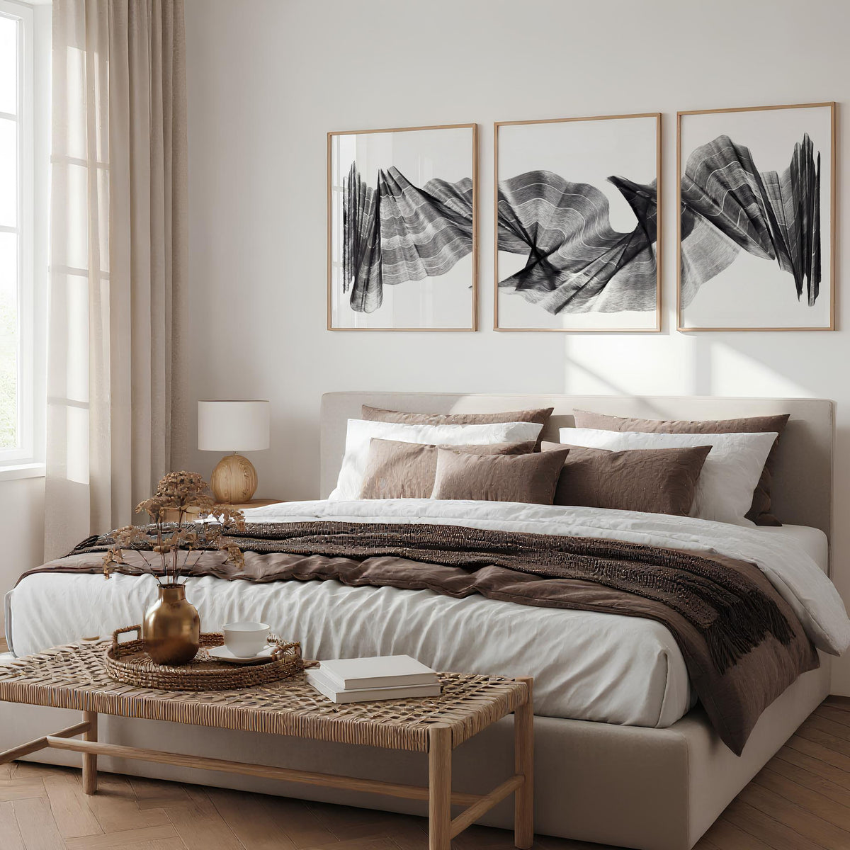 Abstract Painting Art wall art Charcoal Flowing Textured Wave displayed on a wall in a styled room — view 4
