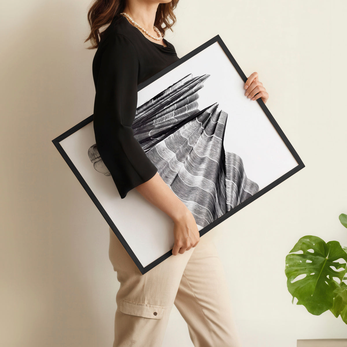 Abstract Painting Art wall art Charcoal Flowing Textured Wave displayed on a wall in a styled room — view 9