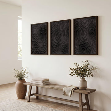 Abstract Painting Dark Charcoal Topographic Wave Texture wall art displayed on a wall in a styled room