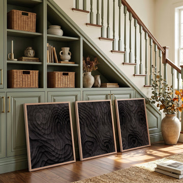 Abstract Painting Dark Charcoal Topographic Wave Texture wall art displayed on a wall in a styled room — view 2
