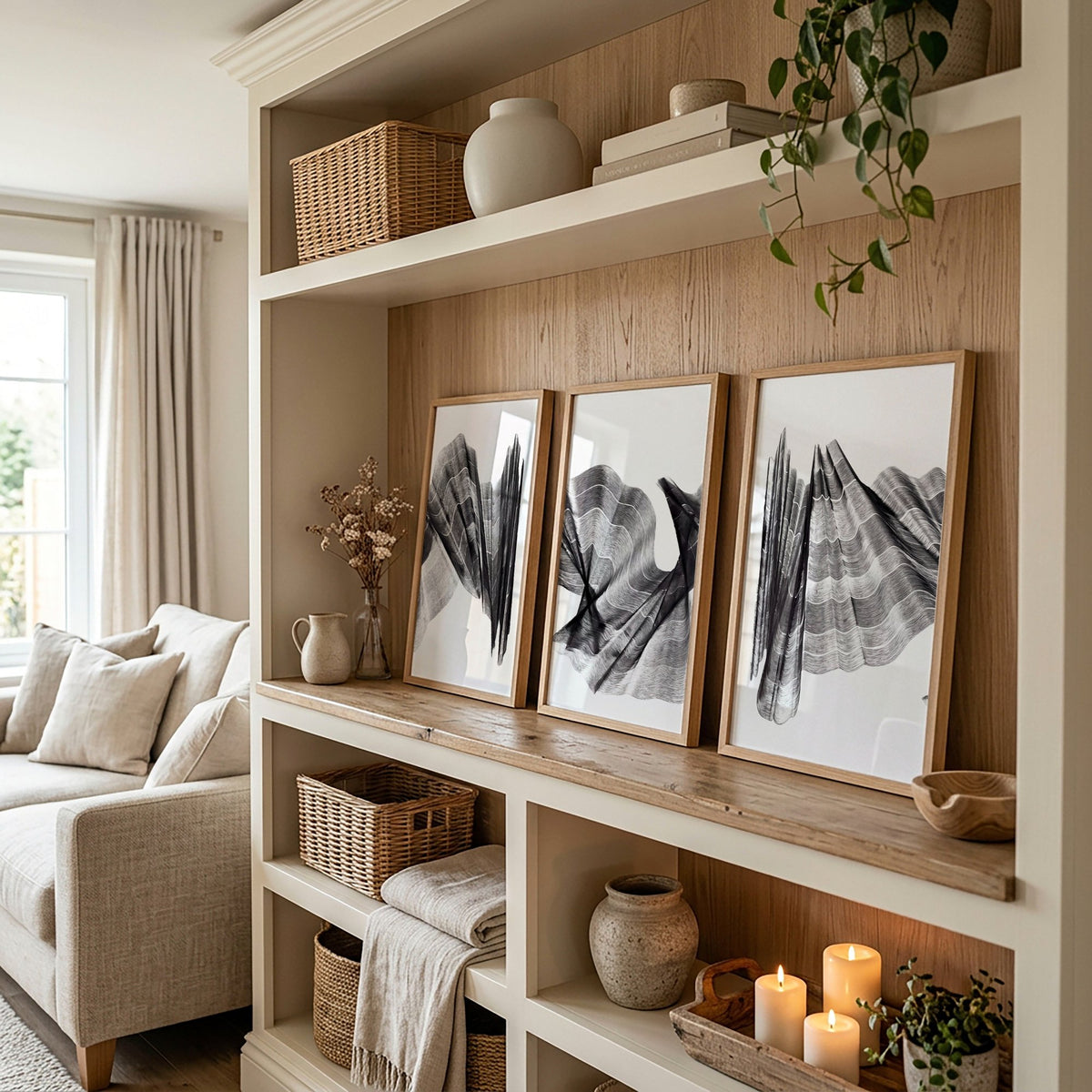 Abstract Wall Art Charcoal Flowing Forms Minimalist Art wall art displayed on a wall in a styled room — view 2