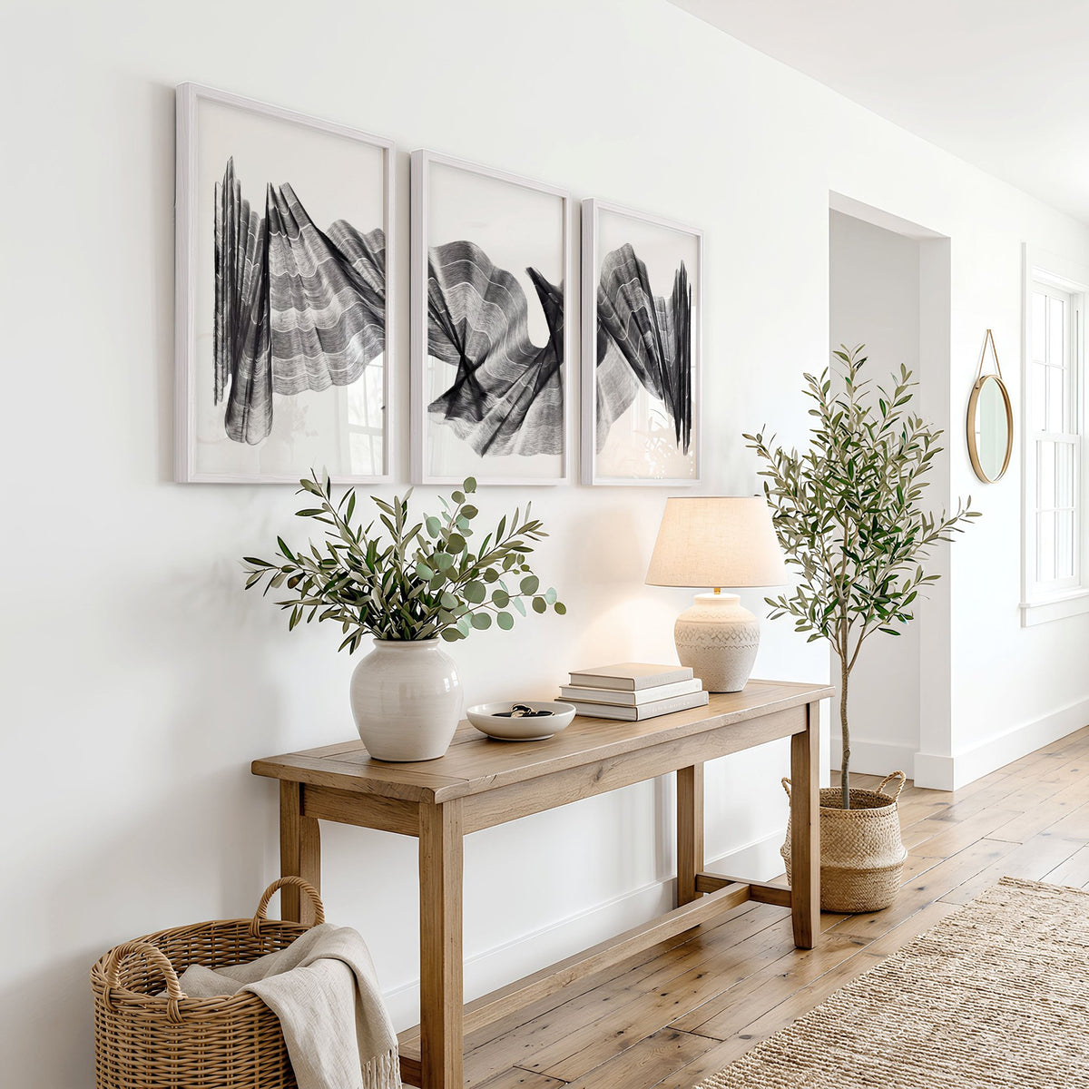 Abstract Wall Art Charcoal Flowing Forms Minimalist Art wall art displayed on a wall in a styled room — view 3