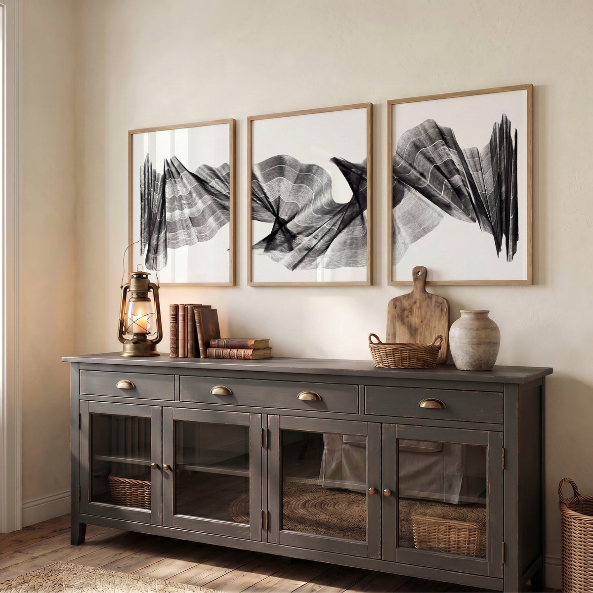 Abstract Wall Art Charcoal Flowing Forms Minimalist Art wall art displayed on a wall in a styled room — view 4