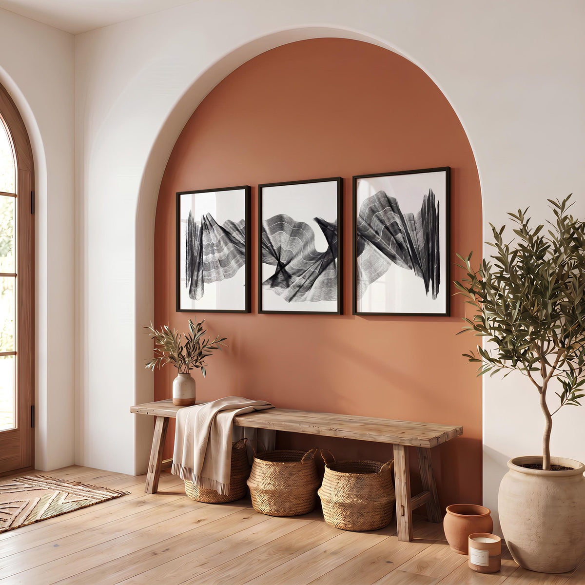 Abstract Wall Art Charcoal Flowing Forms Minimalist Art wall art displayed on a wall in a styled room — view 7