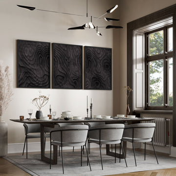 Abstract Wall Art Paintings Dark Charcoal Topographic Wave Texture displayed on a wall in a styled room