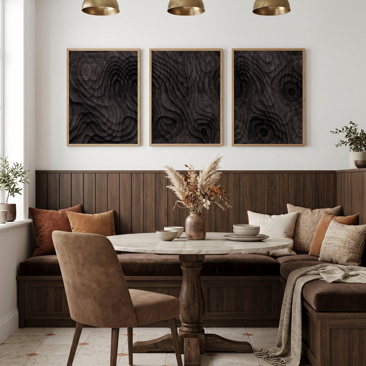 Abstract Wall Art Paintings Dark Charcoal Topographic Wave Texture displayed on a wall in a styled room — view 4