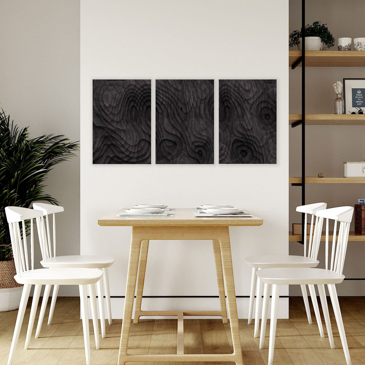 Abstract Wall Art Paintings Dark Charcoal Topographic Wave Texture displayed on a wall in a styled room — view 6