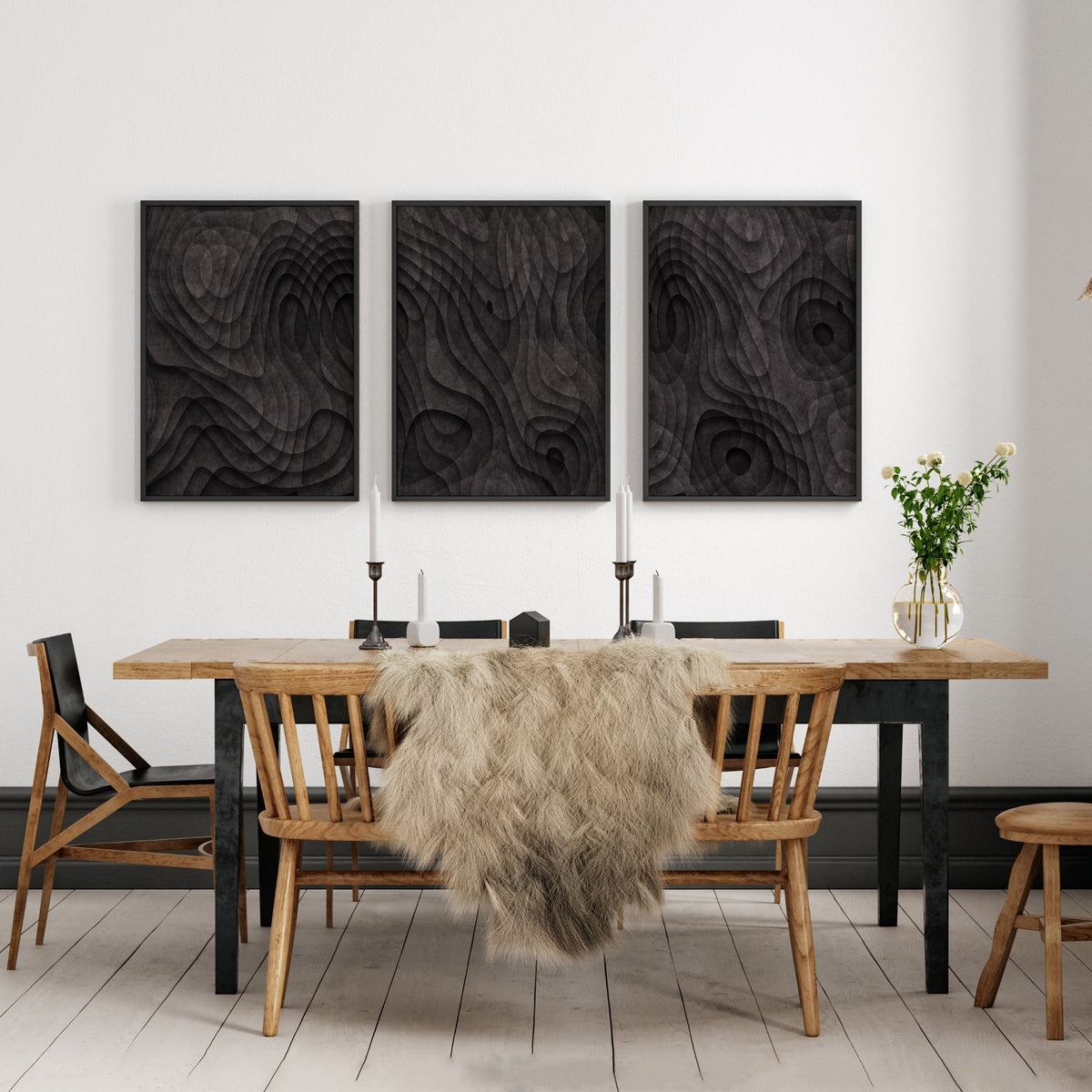 Abstract Wall Art Paintings Dark Charcoal Topographic Wave Texture displayed on a wall in a styled room — view 7