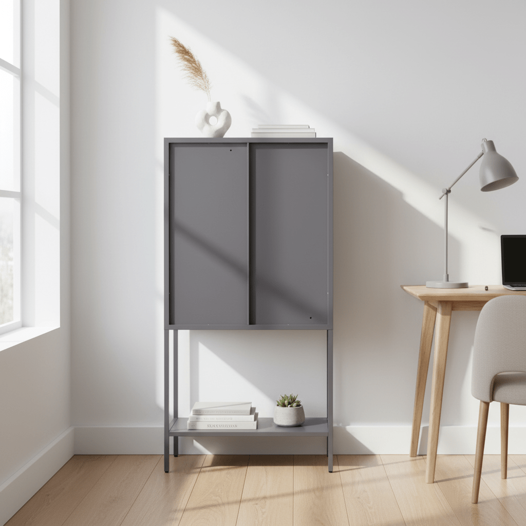 Acier Two Door Grey Metal Cabinet With Glass Doors