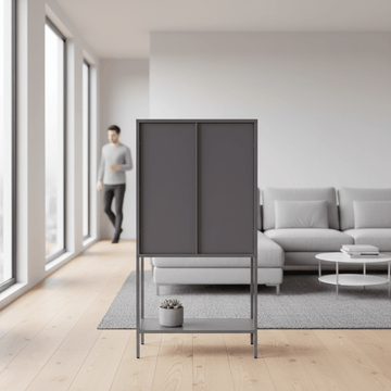 Acier Two Door Grey Metal Cabinet With Glass Doors