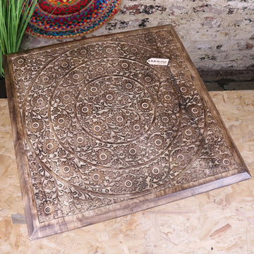 Alia Square Pedestal Large Side Table Hand Carved